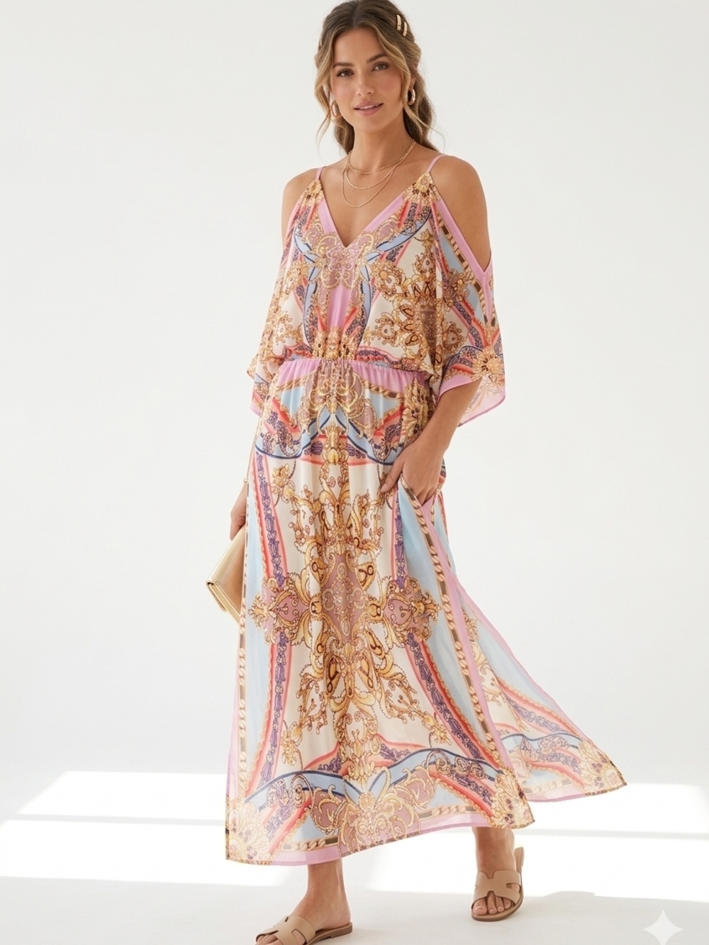 Pink Paisley Cold-Shoulder Maxi Dress